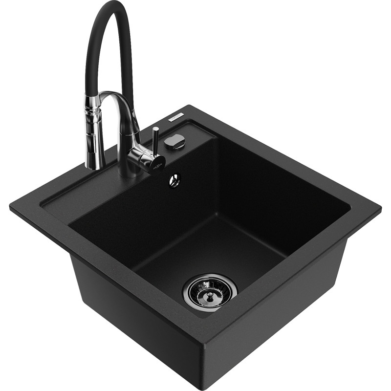 Mexen Vito Granitspüle 1-Becken mit Küchenarmatur Aster, schwarz - 6503-77-73450-07-B