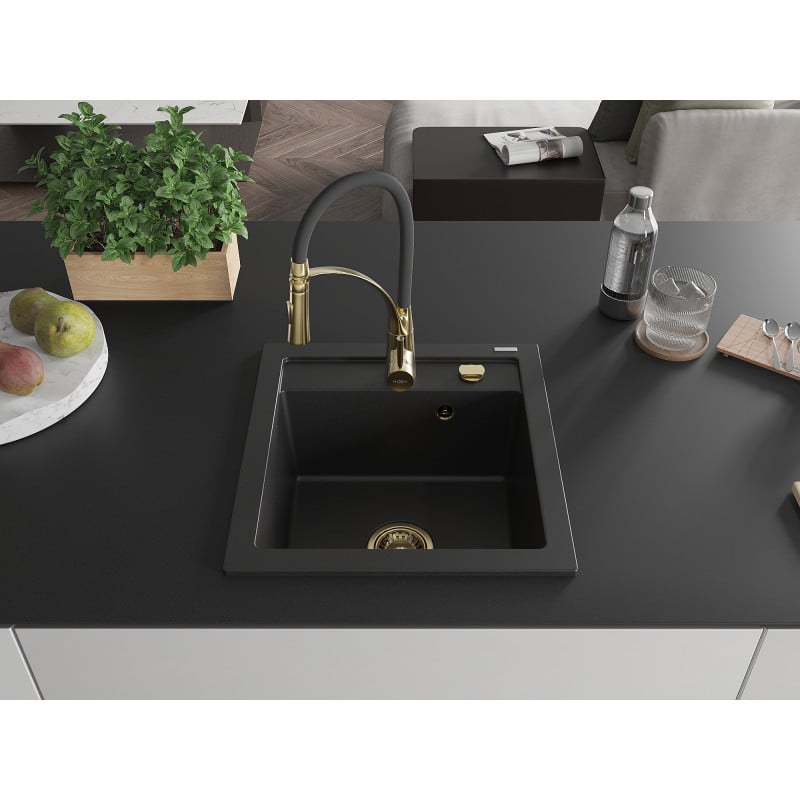 Mexen Vito Granitspüle 1-Becken mit Küchenarmatur Aster, schwarz - 6503-77-73450-57-G