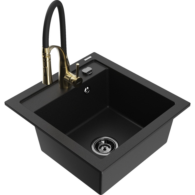 Mexen Vito 1-teilige Granitspüle mit Küchenarmatur Aster, schwarz - 6503-77-73450-57-B