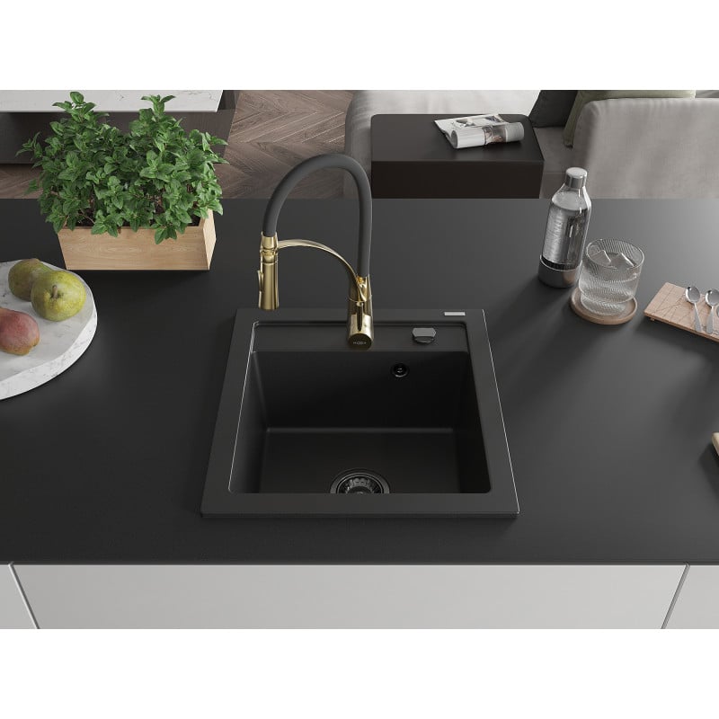 Mexen Vito Granitspüle 1-Kammer mit Küchenarmatur Aster, schwarz - 6503-77-73450-57-B