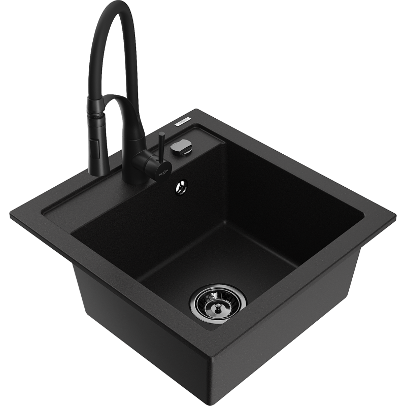 Mexen Vito Granitspüle 1-Becken mit Küchenarmatur Aster, schwarz - 6503-77-73450-70-B