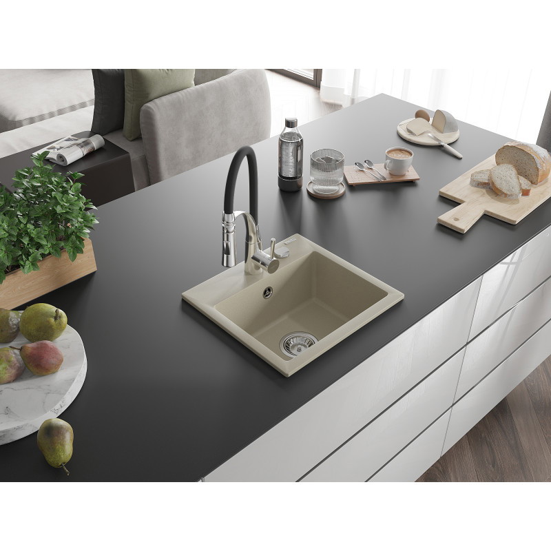 Mexen Milo Granitspüle 1-Becken mit Küchenarmatur Aster, beige - 6505-69-73450-07