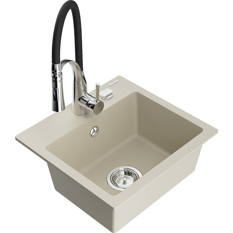 Mexen Milo Granitspüle 1-beckig mit Küchenarmatur Aster, beige - 6505-69-73450-07