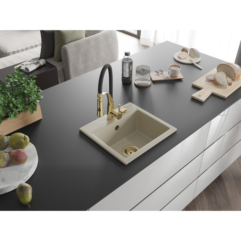Mexen Milo Granitspüle 1-becken mit Küchenarmatur Aster, beige - 6505-69-73450-57-G