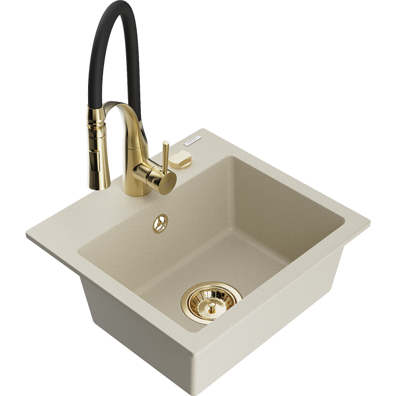 Mexen Milo 1-Becken-Granit-Spüle mit Mischbatterie Aster, Beige - 6505-69-73450-57-G