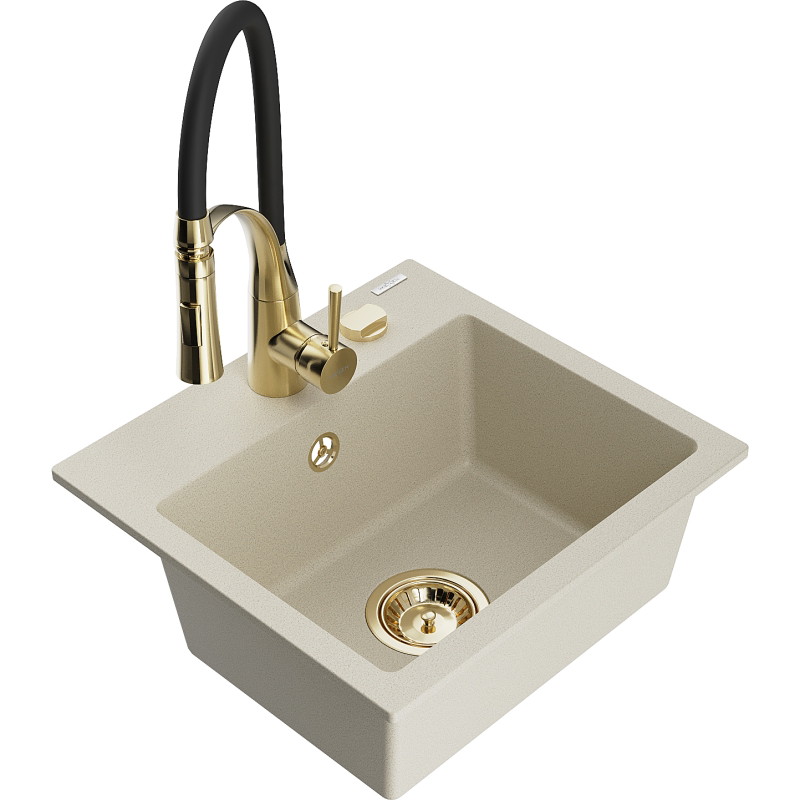 Mexen Milo Granit-Spüle mit 1 Becken und Küchenarmatur Aster, beige - 6505-69-73450-57-G