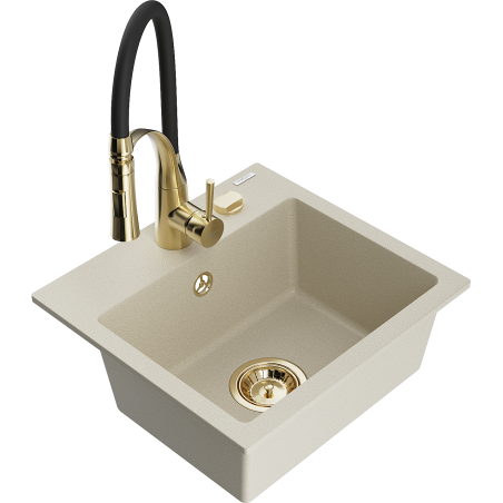 Mexen Milo Granit-Spüle mit 1 Becken und Küchenarmatur Aster, beige - 6505-69-73450-57-G