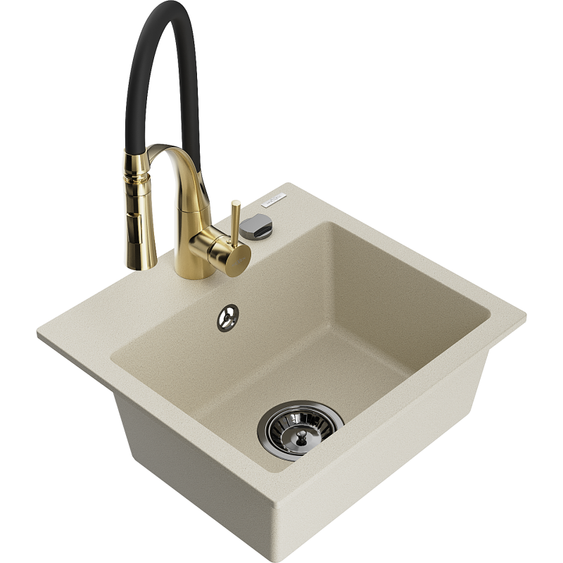 Mexen Milo Granit-Einbauspüle 1-Becken mit Küchenarmatur Aster, beige - 6505-69-73450-57-B