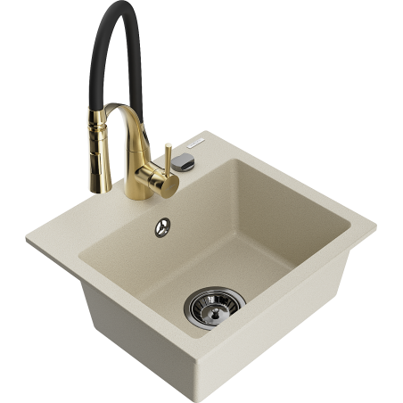 Mexen Milo Granit-Spülbecken 1-Kammer mit Küchenarmatur Aster, beige - 6505-69-73450-57-B