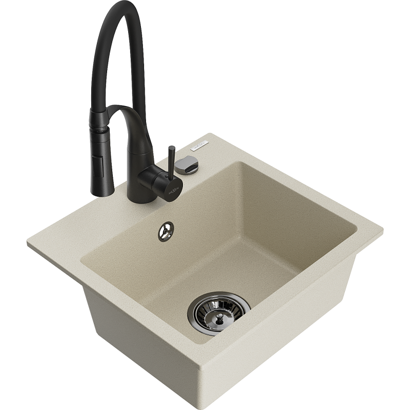 Mexen Milo 1-Becken-Granit-Spüle mit Mischbatterie Aster, Beige - 6505-69-73450-70-B