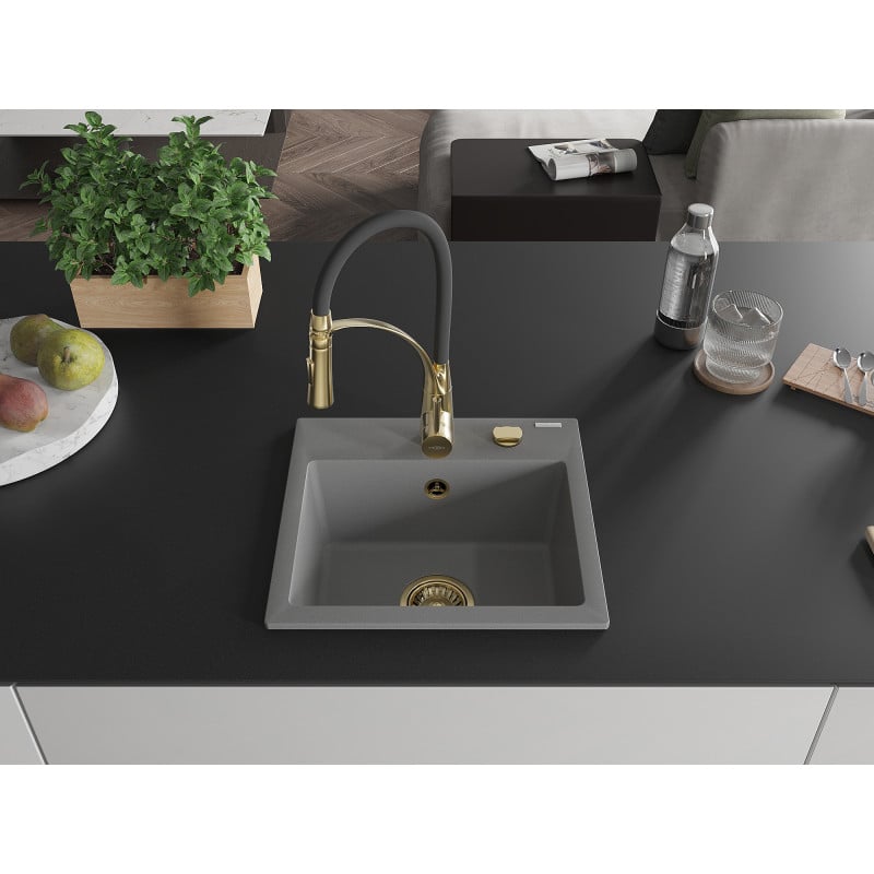 Mexen Milo Granitspüle 1-Becken mit Küchenarmatur Aster, Grau - 6505-71-73450-57-G