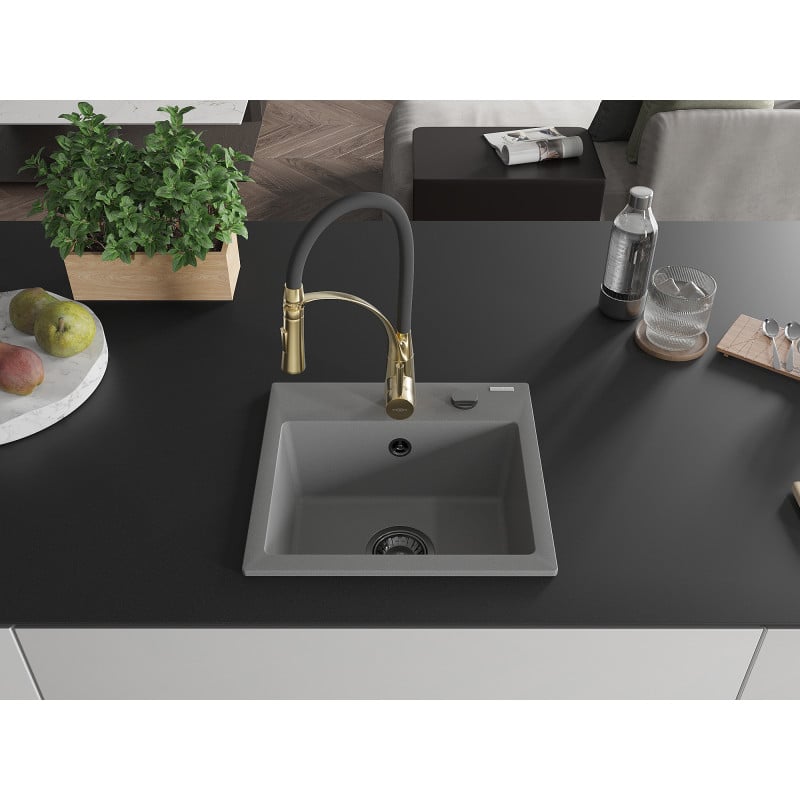 Mexen Milo Granitspüle 1-Becken mit Küchenarmatur Aster, grau - 6505-71-73450-57-B