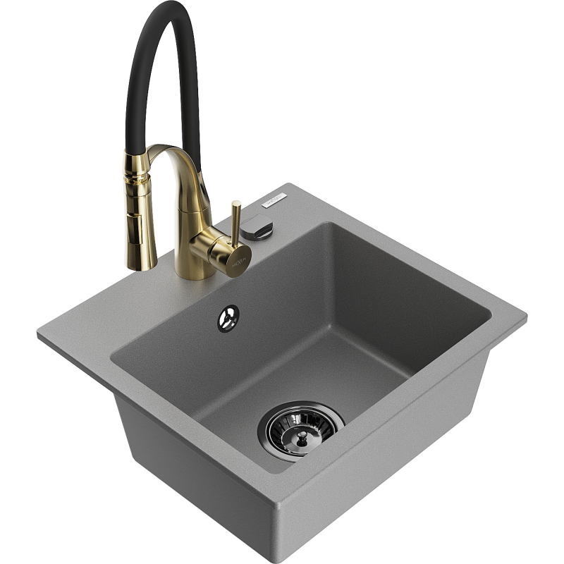 Mexen Milo Granitspüle 1-Becken mit Küchenarmatur Aster, grau - 6505-71-73450-57-B