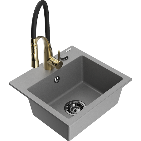 Mexen Milo Granitspüle 1-Becken mit Küchenarmatur Aster, grau - 6505-71-73450-57-B