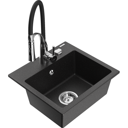 Mexen Milo Granitspüle 1-Becken mit Küchenarmatur Aster, schwarz/silber metallic - 6505-73-73450-07