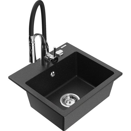 Mexen Milo granitspüle 1-beckig mit Küchenarmatur Aster, schwarz/silber metallik - 6505-73-73450-07
