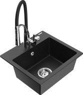 Mexen Milo granitspüle 1-beckig mit Küchenarmatur Aster, schwarz/silber metallik - 6505-73-73450-07