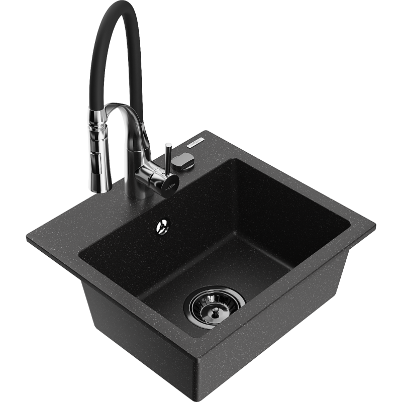 Mexen Milo Granitspüle, 1-becken mit Küchenarmatur Aster, schwarz/silber metallic - 6505-73-73450-07-B