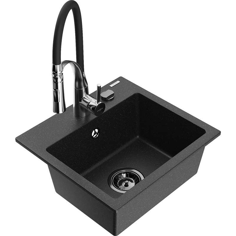 Mexen Milo Granitspüle 1-beckig mit Küchenarmatur Aster, schwarz/silber metallisch - 6505-73-73450-07-B