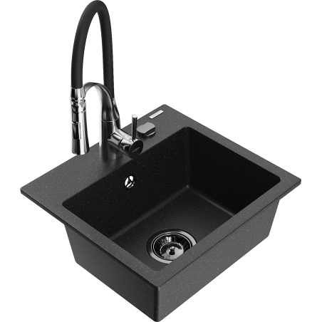 Mexen Milo Granitspüle, 1-becken mit Küchenarmatur Aster, schwarz/silber metallic - 6505-73-73450-07-B