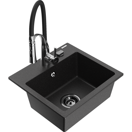 Mexen Milo Granitspüle 1-beckig mit Küchenarmatur Aster, schwarz/silber metallisch - 6505-73-73450-07-B