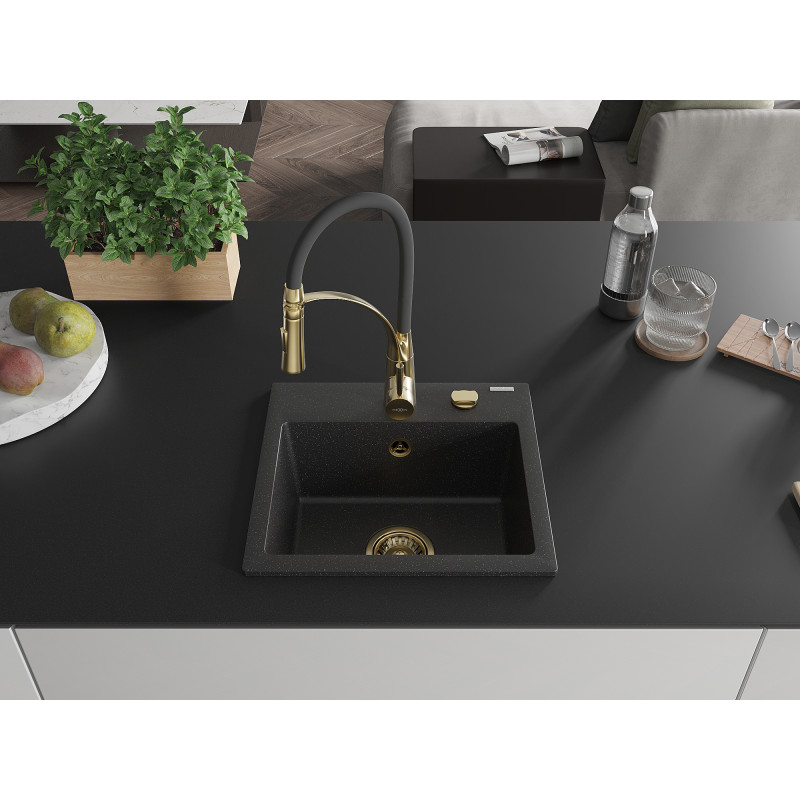 Mexen Milo Granitspüle 1-Becken mit Küchenarmatur Aster, schwarz/silber metallic - 6505-73-73450-57-G