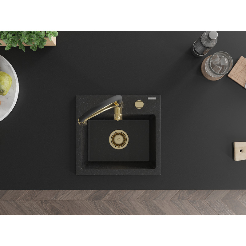 Mexen Milo Granitspüle 1-Becken mit Küchenarmatur Aster, schwarz/silber metallic - 6505-73-73450-57-G