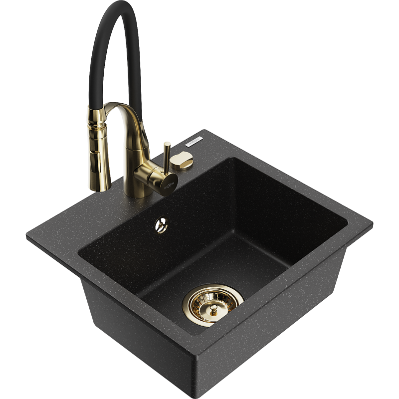 Mexen Milo Granitspüle 1-Becken mit Küchenarmatur Aster, schwarz/silber metallic - 6505-73-73450-57-G