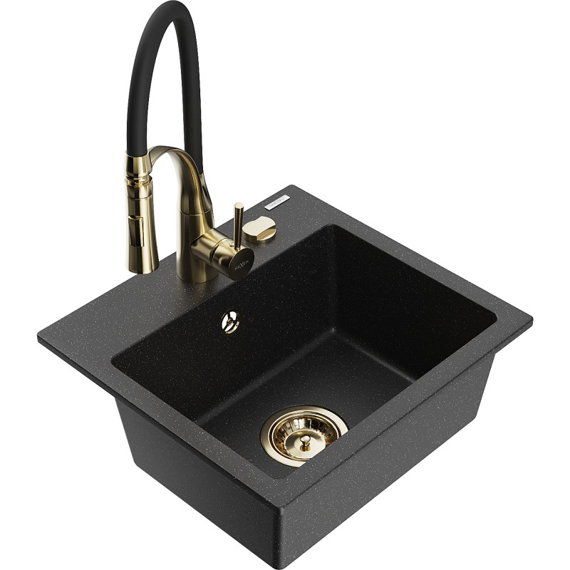 Mexen Milo granitspüle 1-beckig mit küchenarmatur Aster, schwarz/silber-metallic - 6505-73-73450-57-G