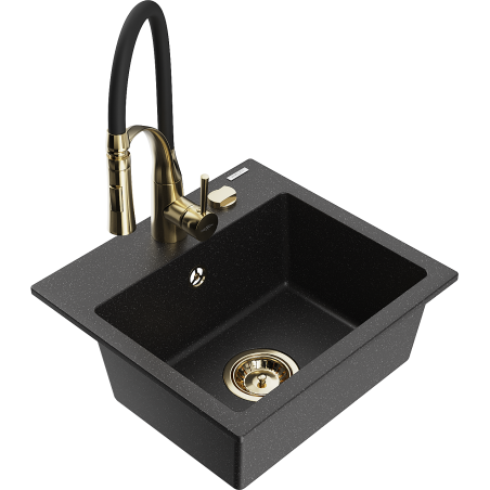 Mexen Milo Granitspüle 1-Becken mit Küchenarmatur Aster, schwarz/silber metallic - 6505-73-73450-57-G