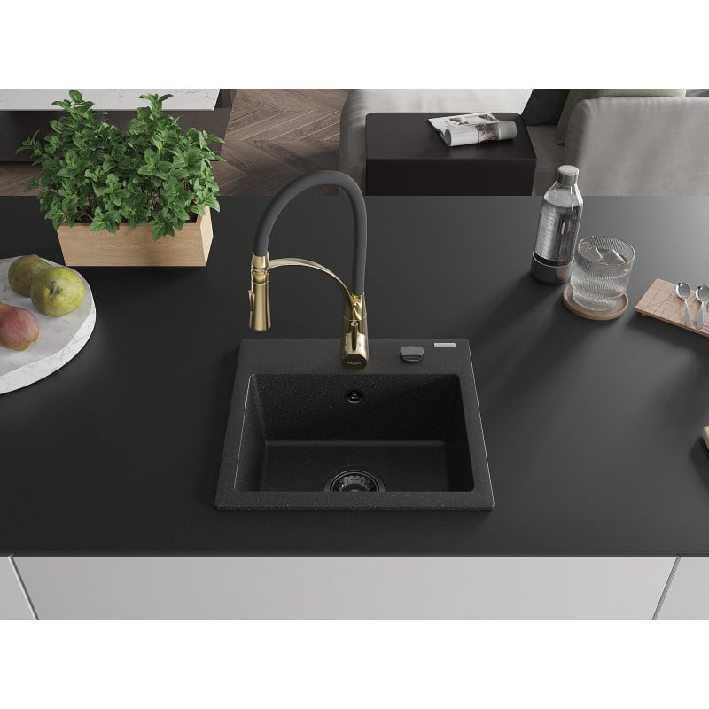 Mexen Milo Granitspüle, 1-Becken mit Küchenarmatur Aster, schwarz/silber-metallisch - 6505-73-73450-57-B