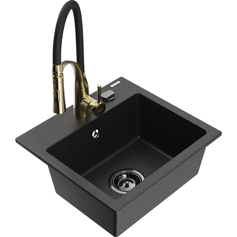Mexen Milo Granitspüle 1-Becken mit Küchenarmatur Aster, schwarz/silber-metallic - 6505-73-73450-57-B