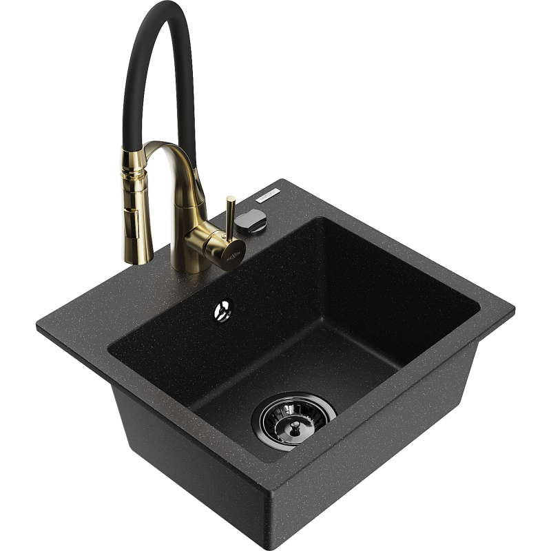 Mexen Milo Granitspüle, 1-Becken mit Küchenarmatur Aster, schwarz/silber-metallisch - 6505-73-73450-57-B