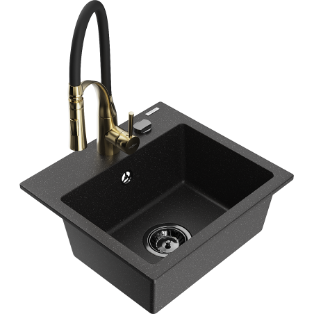 Mexen Milo Granitspüle 1-Becken mit Küchenarmatur Aster, schwarz/silber-metallic - 6505-73-73450-57-B