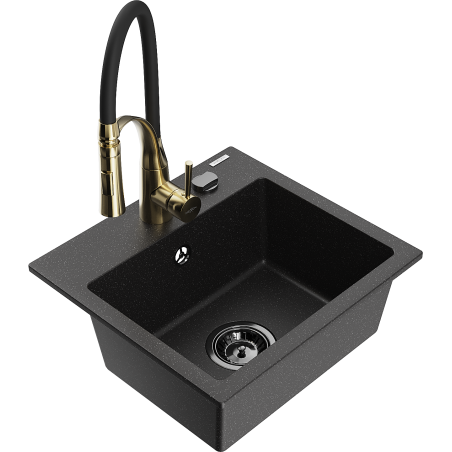 Mexen Milo Granitspüle, 1-Becken mit Küchenarmatur Aster, schwarz/silber-metallisch - 6505-73-73450-57-B