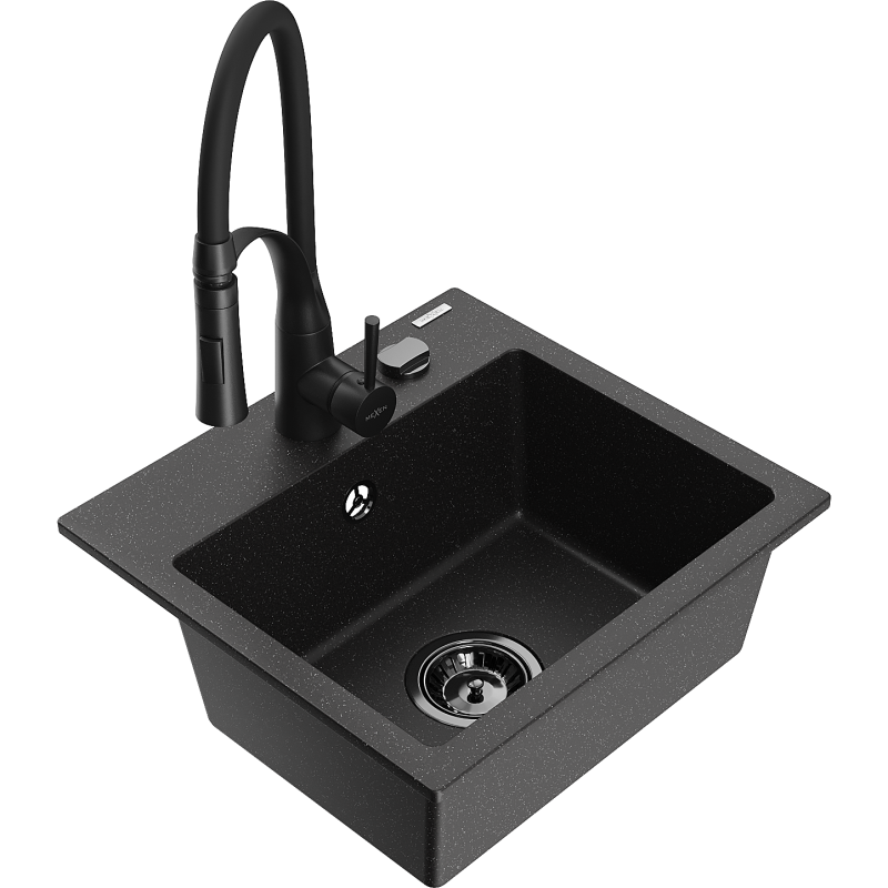 Mexen Milo Granitspüle 1-beckig mit Küchenarmatur Aster, schwarz/silberner Metallic - 6505-73-73450-70-B