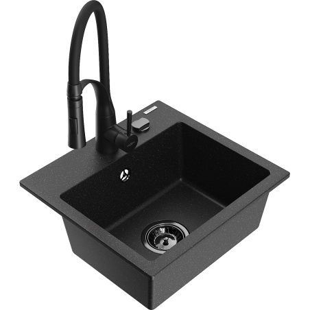 Mexen Milo Granitspüle 1-beckig mit Küchenarmatur Aster, schwarz/silberner Metallic - 6505-73-73450-70-B