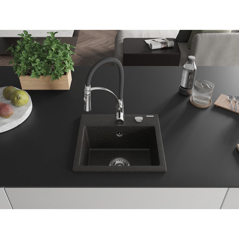 Mexen Milo Granitspüle 1-becken mit Küchenarmatur Aster, schwarz/gold metallic - 6505-75-73450-07