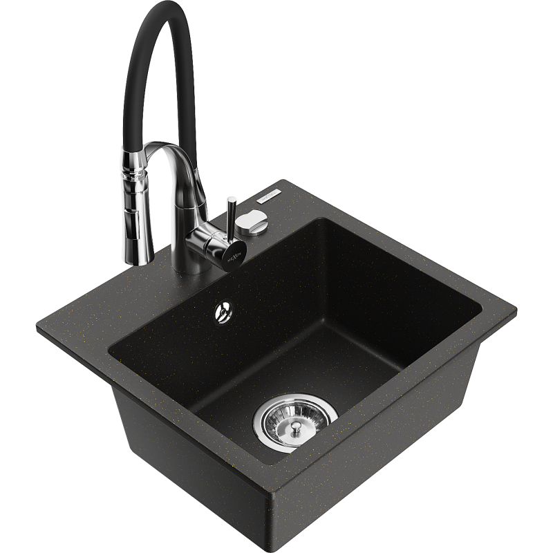 Mexen Milo Granitspüle 1-becken mit Küchenarmatur Aster, schwarz/gold metallic - 6505-75-73450-07