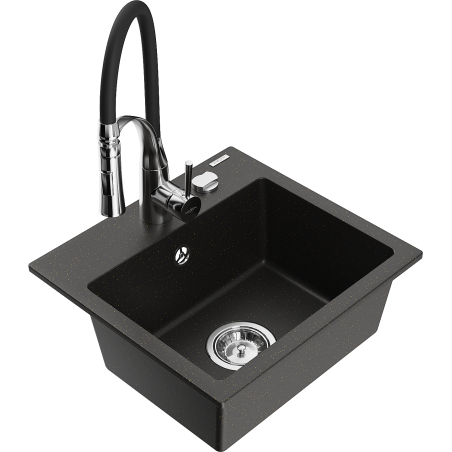 Mexen Milo Granitspüle 1-becken mit Küchenarmatur Aster, schwarz/gold metallic - 6505-75-73450-07