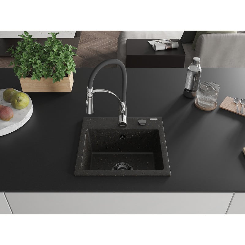 Mexen Milo Granitspüle 1-beckig mit Aster Küchenarmatur, schwarz/gold metallic - 6505-75-73450-07-B