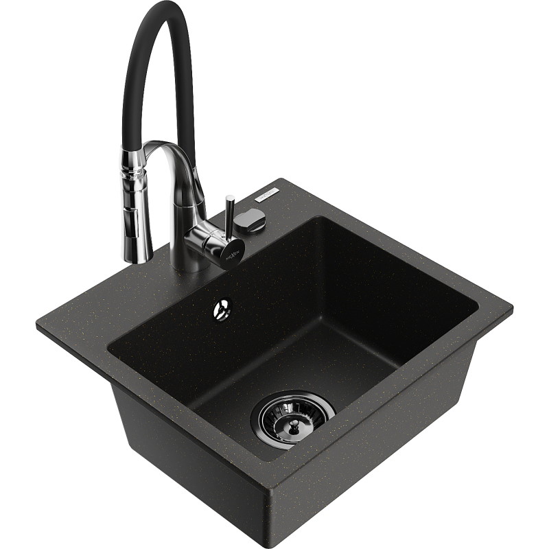 Mexen Milo Granitspüle 1-becken mit Küchenarmatur Aster, schwarz/gold metallisch - 6505-75-73450-07-B