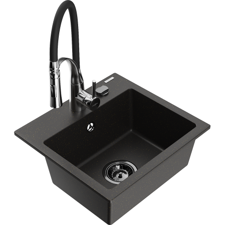Mexen Milo Granitspüle 1-becken mit Küchenarmatur Aster, schwarz/gold metallisch - 6505-75-73450-07-B