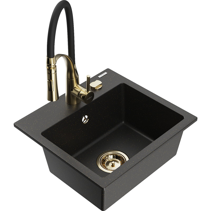 Mexen Milo Einzelbecken Granitspüle mit Küchenarmatur Aster, schwarz/goldmetallic - 6505-75-73450-57-G