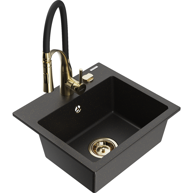Mexen Milo Granitspüle 1-Becken mit Küchenarmatur Aster, schwarz/gold metallic - 6505-75-73450-57-G