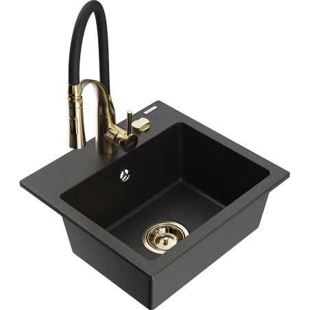 Mexen Milo Einzelbecken Granitspüle mit Küchenarmatur Aster, schwarz/goldmetallic - 6505-75-73450-57-G