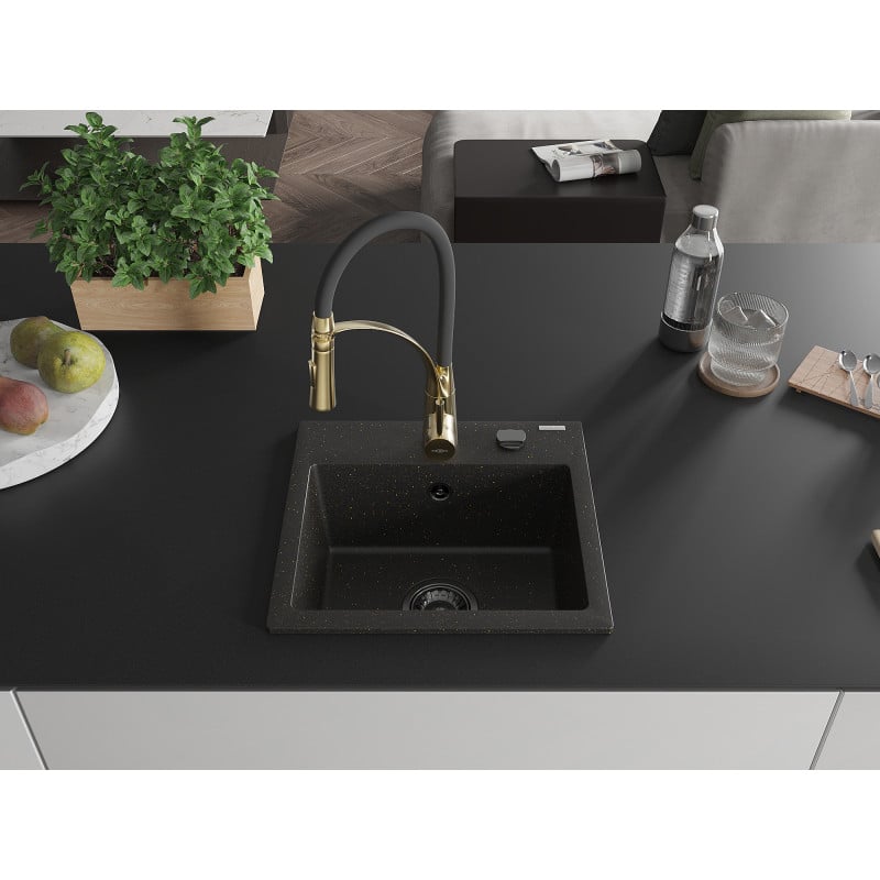 Mexen Milo Granitspüle 1-Becken mit Küchenarmatur Aster, schwarz/gold metallic - 6505-75-73450-57-B