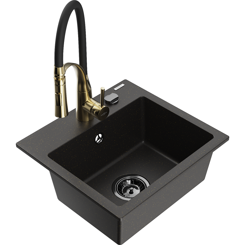 Mexen Milo Granitspüle 1-Becken mit Küchenarmatur Aster, schwarz/gold metallic - 6505-75-73450-57-B