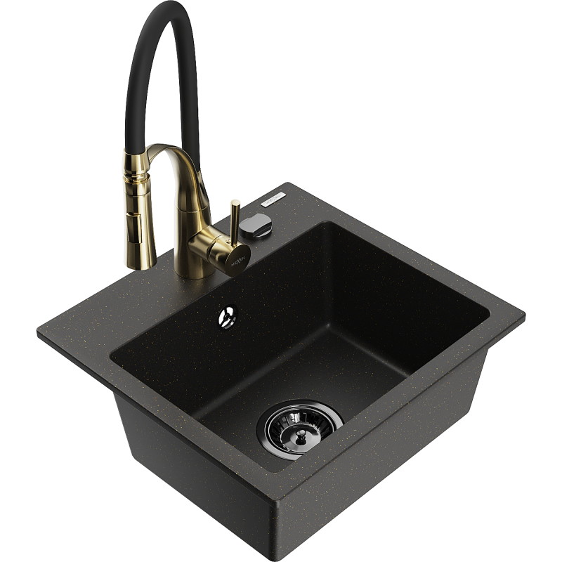 Mexen Milo Granitspüle 1-beckig mit Küchenarmatur Aster, schwarz/gold-metallic - 6505-75-73450-57-B