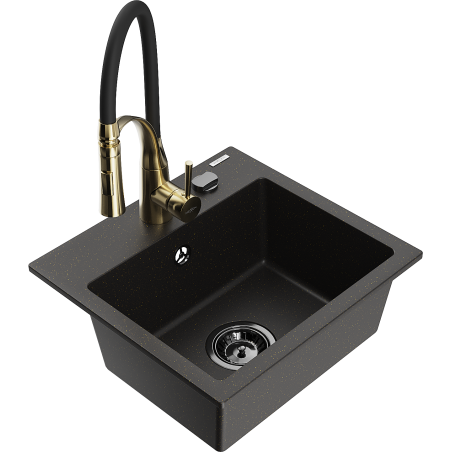 Mexen Milo Granitspüle 1-Becken mit Küchenarmatur Aster, schwarz/gold metallic - 6505-75-73450-57-B